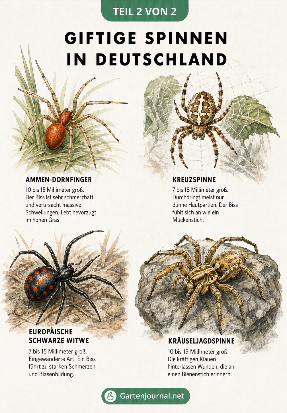 Zeichnungen von vier giftigen Spinnenarten in Deutschland: Ammen-Dornfinger, Kreuzspinne, Europäische Schwarze Witwe und Kräuseljagdspinne