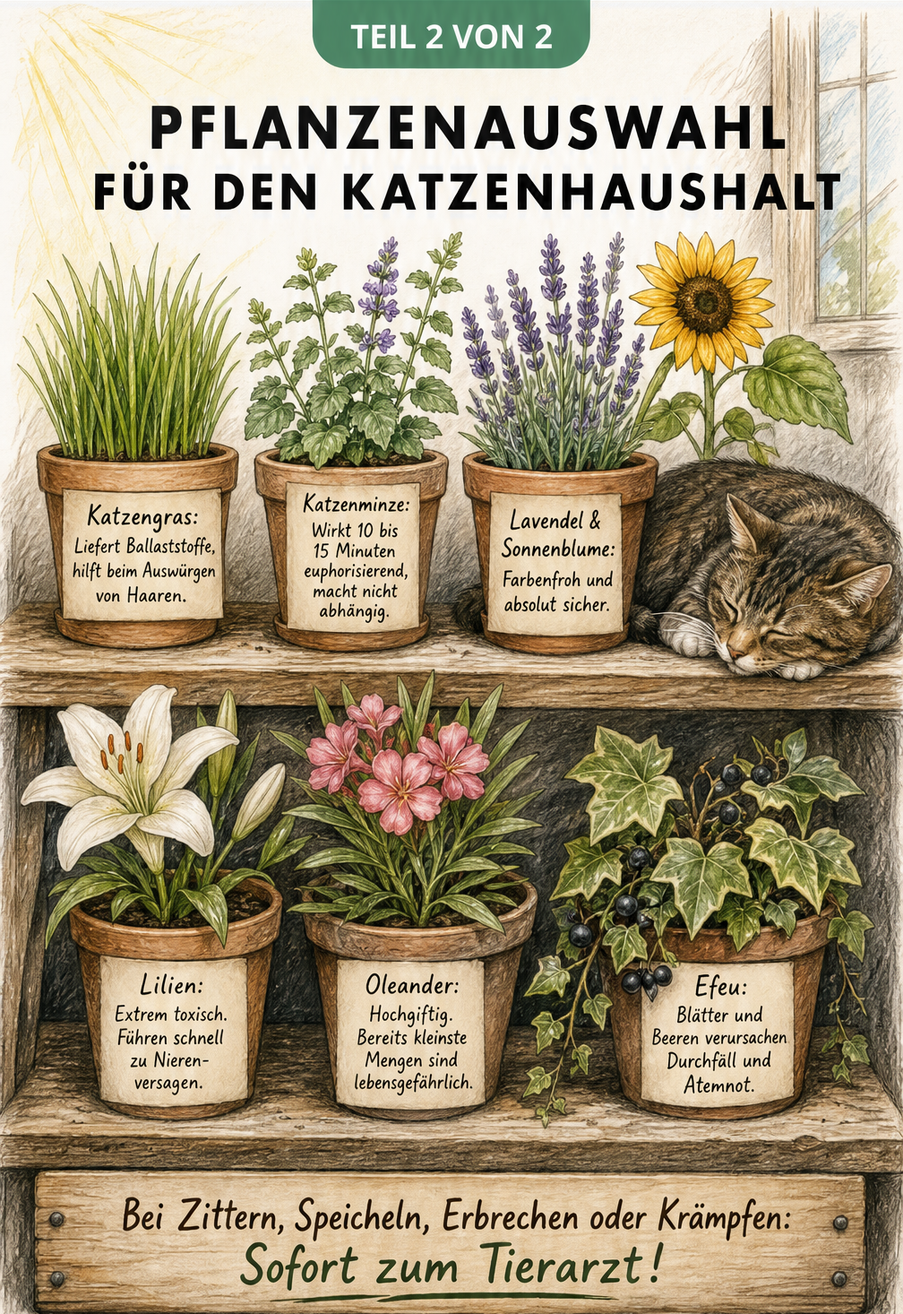 Illustration einer Holztreppe mit sicheren Pflanzen wie Katzengras und Katzenminze oben sowie giftigen Pflanzen wie Lilien und Oleander unten.