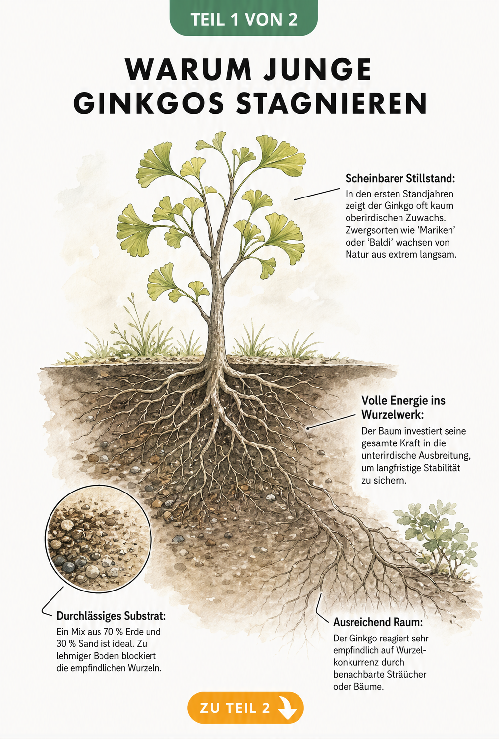 Botanische Schnittzeichnung eines jungen Ginkgo-Baumes, die das langsame oberirdische Wachstum und die starke unterirdische Wurzelentwicklung in durchlässigem...