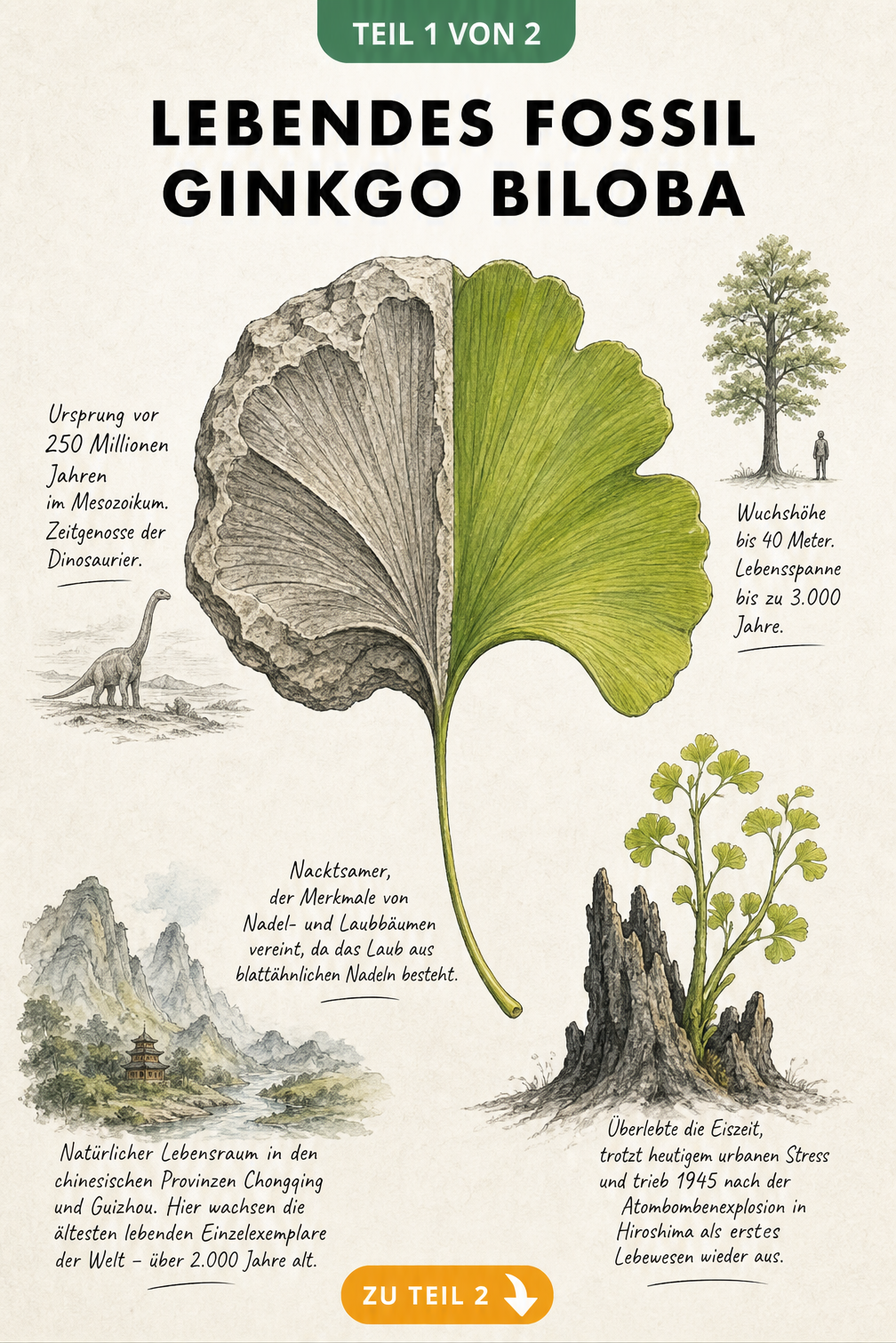 Botanische Illustration eines Ginkgoblattes, halb versteinert, halb grün, mit Notizen zu Alter und Herkunft