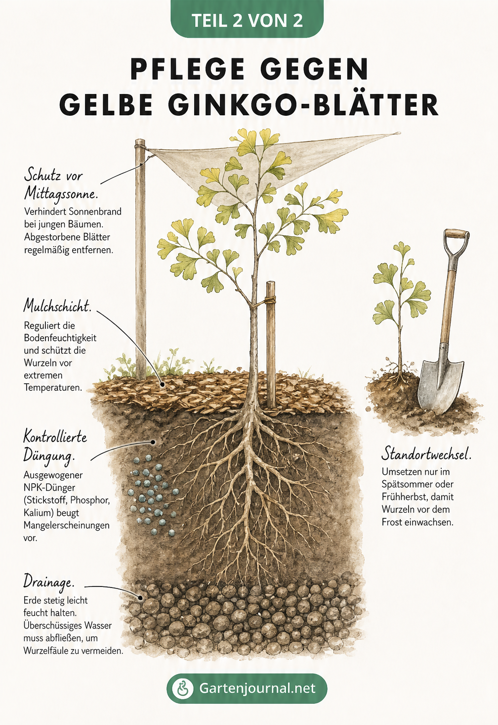 Skizze eines jungen Ginkgo-Baumes mit Pflegemaßnahmen wie Sonnenschutz, Mulchschicht, Düngung, Drainage und Hinweisen zum Standortwechsel.