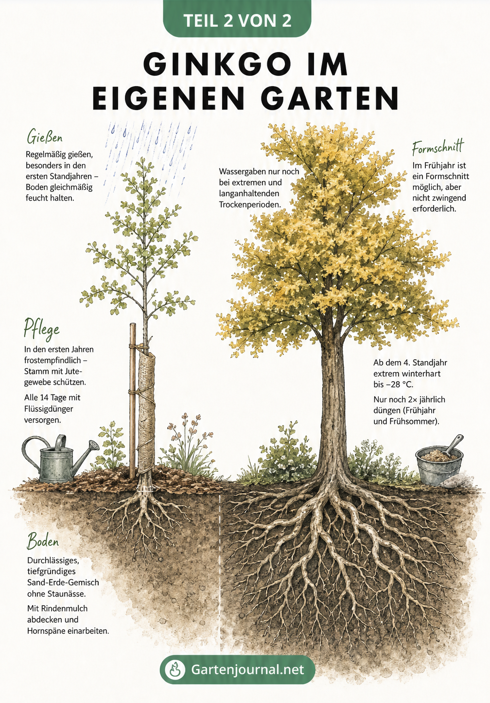 Gartenarchitektur-Skizze zur Pflege und zum Standort von jungen und alten Ginkgobäumen