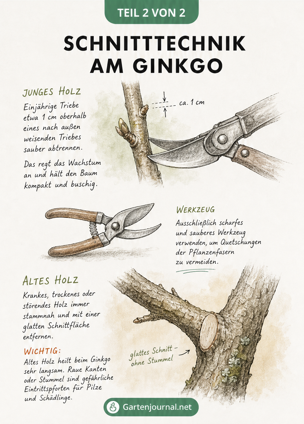 Skizze zur Schnitttechnik am Ginkgo, die das Kürzen von jungem Holz und das stammnahe Entfernen von altem Holz zeigt