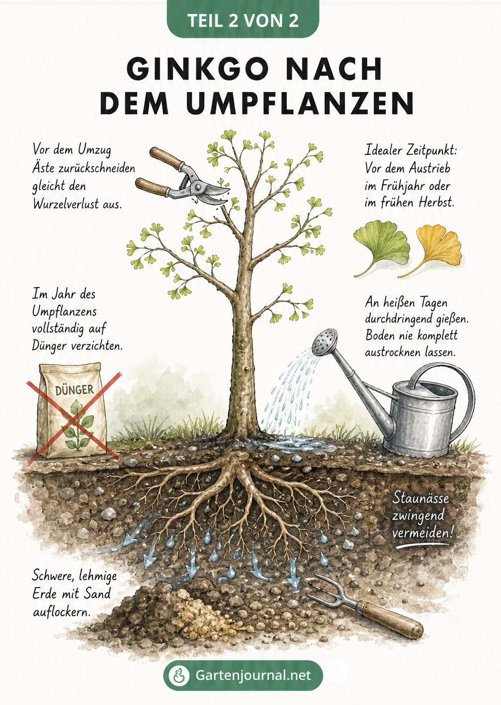 Zeichnung eines frisch gepflanzten Ginkgobaums mit Pflegetipps wie Gießen ohne Staunässe, Verzicht auf Dünger und Rückschnitt der Äste.