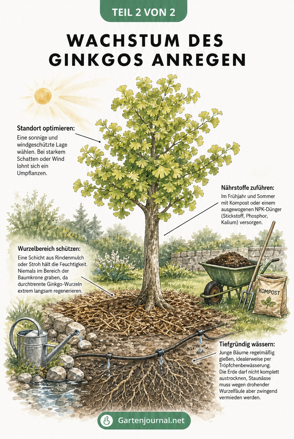 Illustration eines kräftigen Ginkgo-Baumes mit Markierungen für optimale Pflege: sonniger Standort, Nährstoffzufuhr, Mulchen des Wurzelbereichs und...