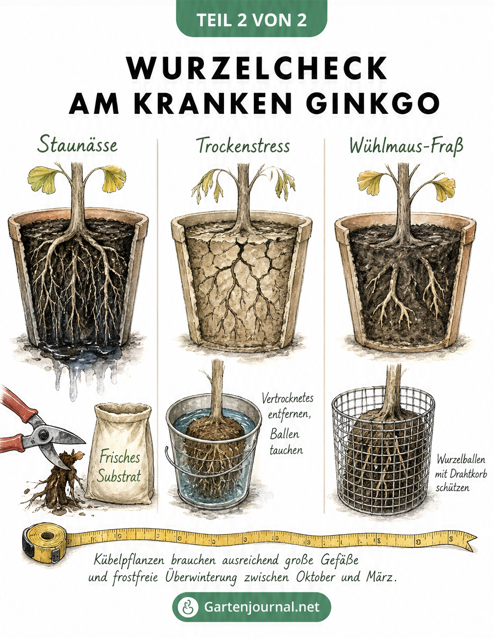 Drei Querschnitte von Ginkgo-Wurzelballen im Kübel, die Staunässe, Trockenstress und Wühlmaus-Fraß zeigen, mit Tipps zur Behandlung.