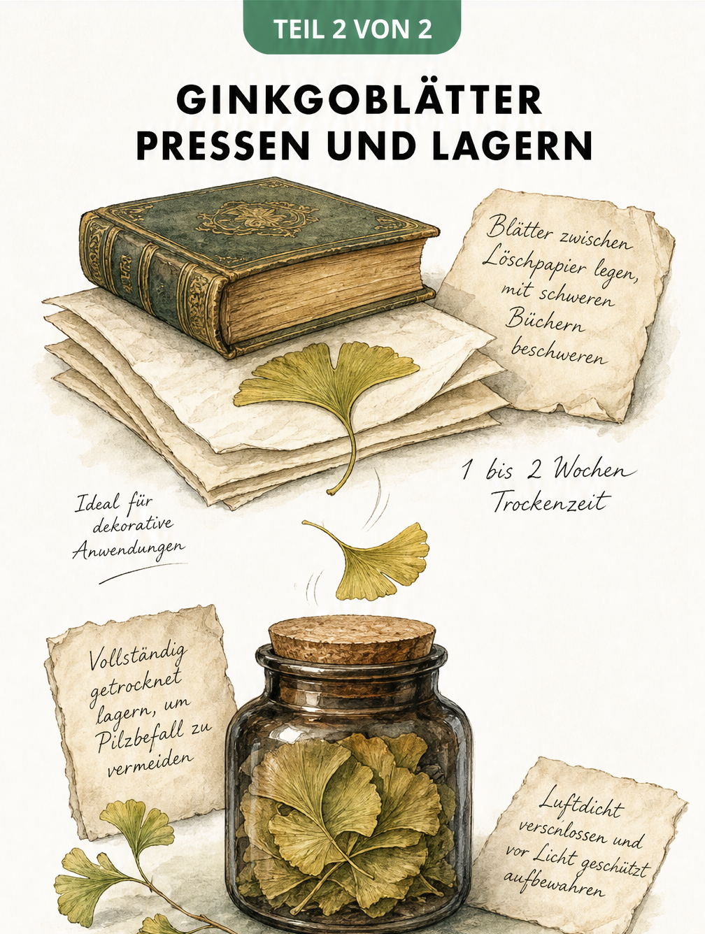 Illustration zum Pressen von Ginkgoblättern zwischen Löschpapier mit schweren Büchern und der anschließenden Lagerung im Apothekerglas