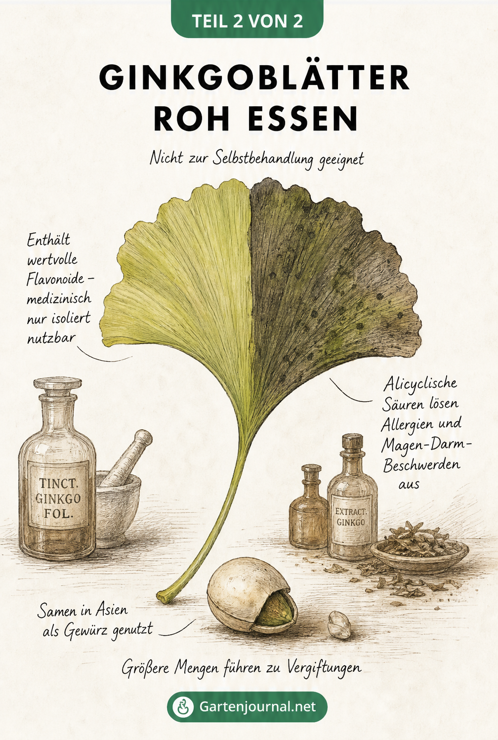 Illustration eines Ginkgoblattes, das die wertvollen Flavonoide und allergieauslösenden Säuren zeigt