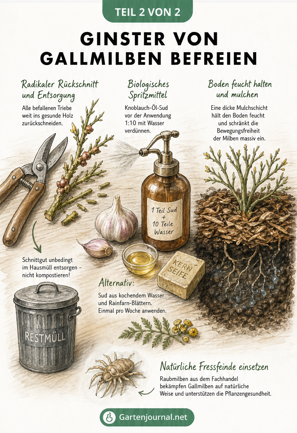 Illustration einer Garten-Werkbank mit Gartenschere, Knoblauch-Öl-Sud und Mulchschicht zur Bekämpfung von Gallmilben.
