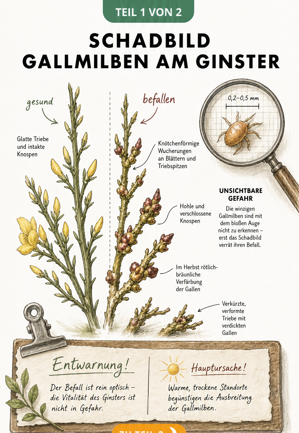 Botanische Illustration eines Ginsterzweigs, der links gesund und rechts mit Gallmilben-Befall und Deformationen gezeigt wird.