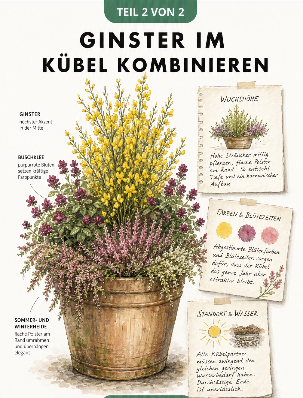 Illustration eines bepflanzten Terrakotta-Kübels mit gelbem Ginster, Buschklee sowie Sommer- und Winterheide