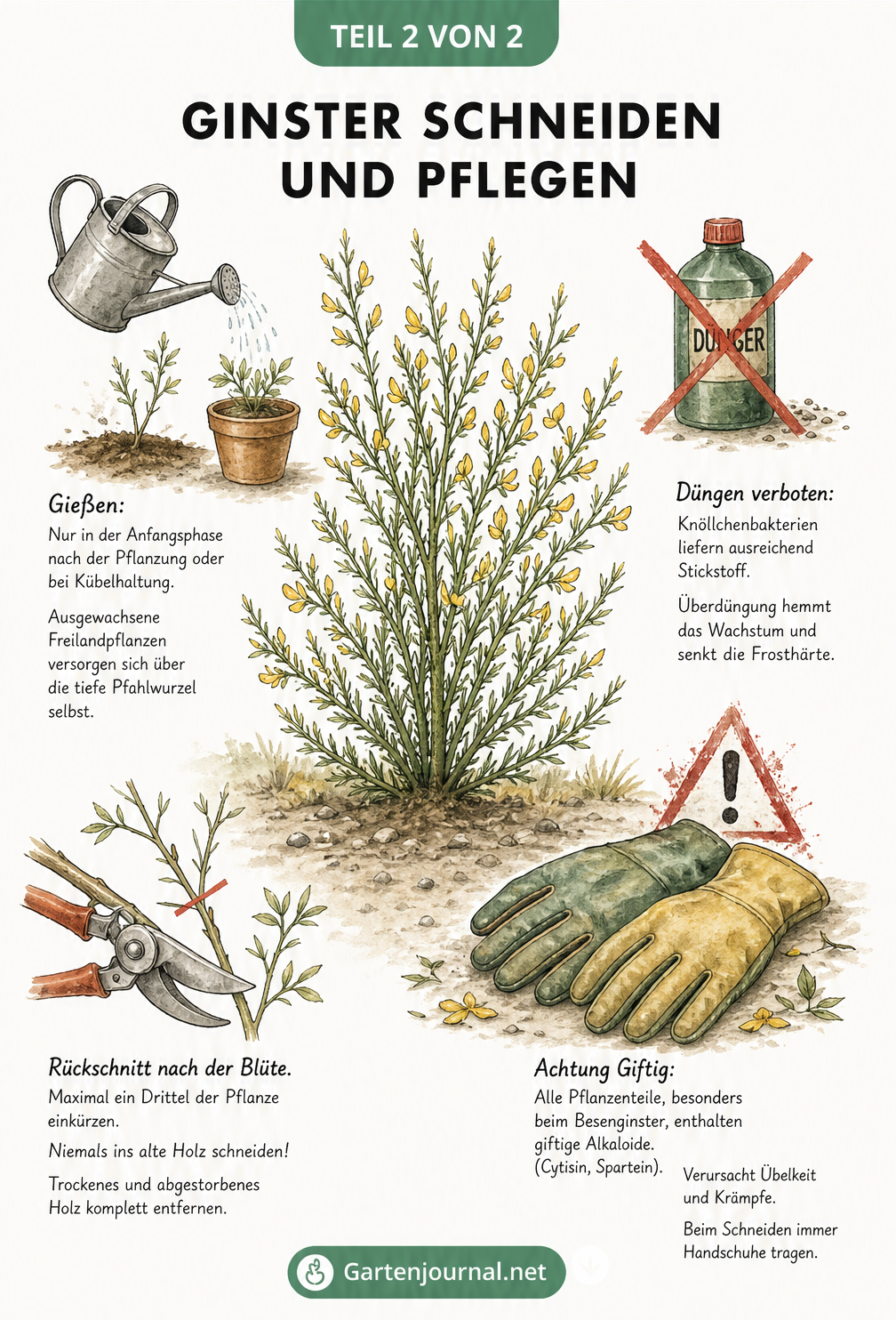 Illustration zur Pflege von Ginster mit Hinweisen zu Gießen, Düngen, Rückschnitt und Giftigkeit