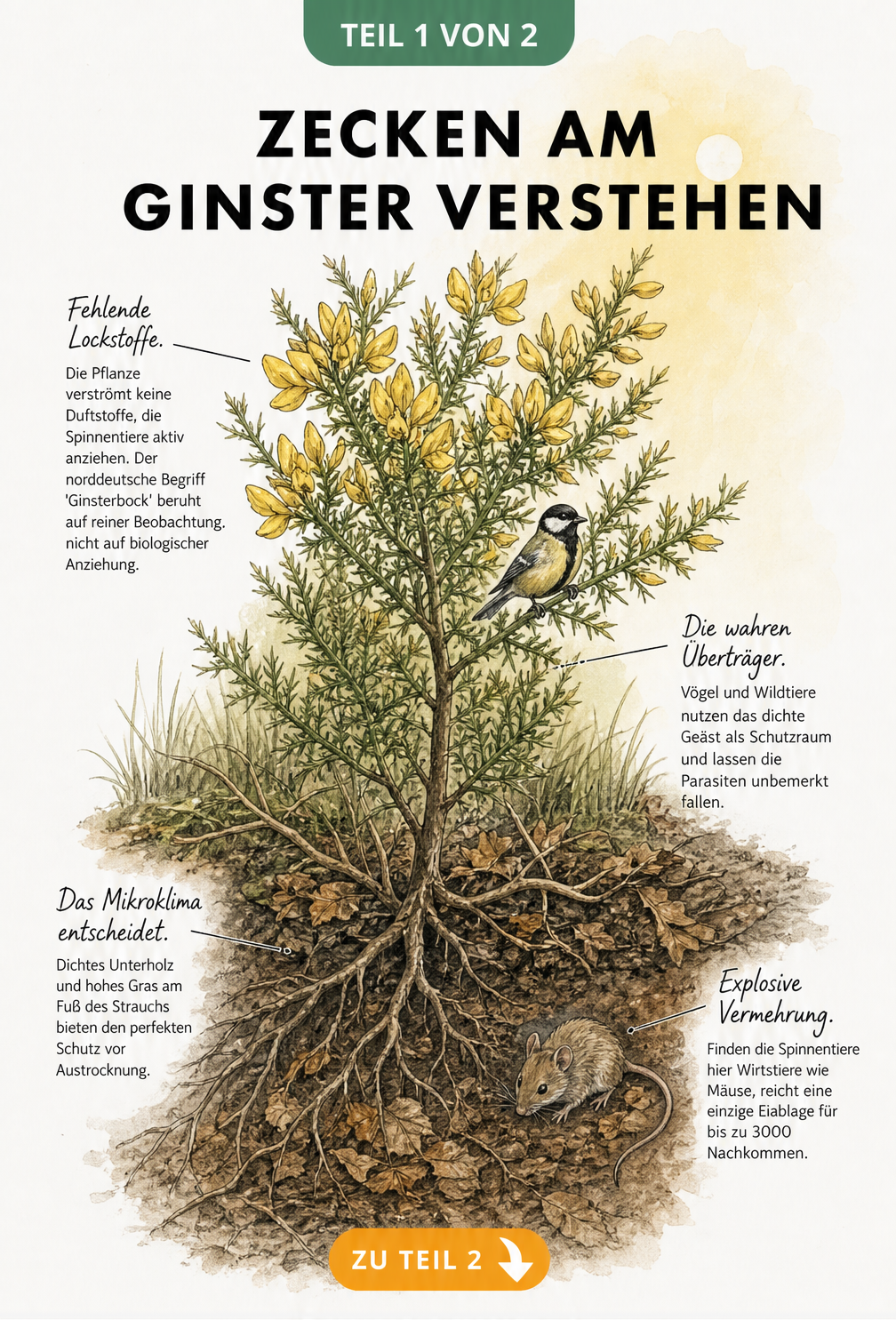 Botanische Illustration eines Ginsterstrauchs, die zeigt, wie Vögel und Mäuse Zecken in das dichte Unterholz bringen, wo sie sich im feuchten Mikroklima...