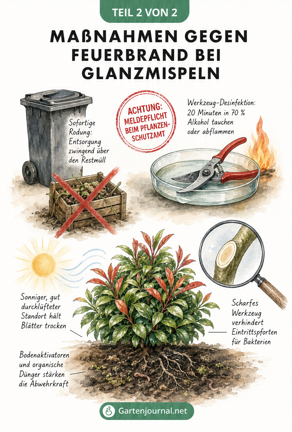 Illustration von Maßnahmen gegen Feuerbrand bei Glanzmispeln wie Entsorgung im Restmüll, Werkzeug-Desinfektion und Bodenpflege