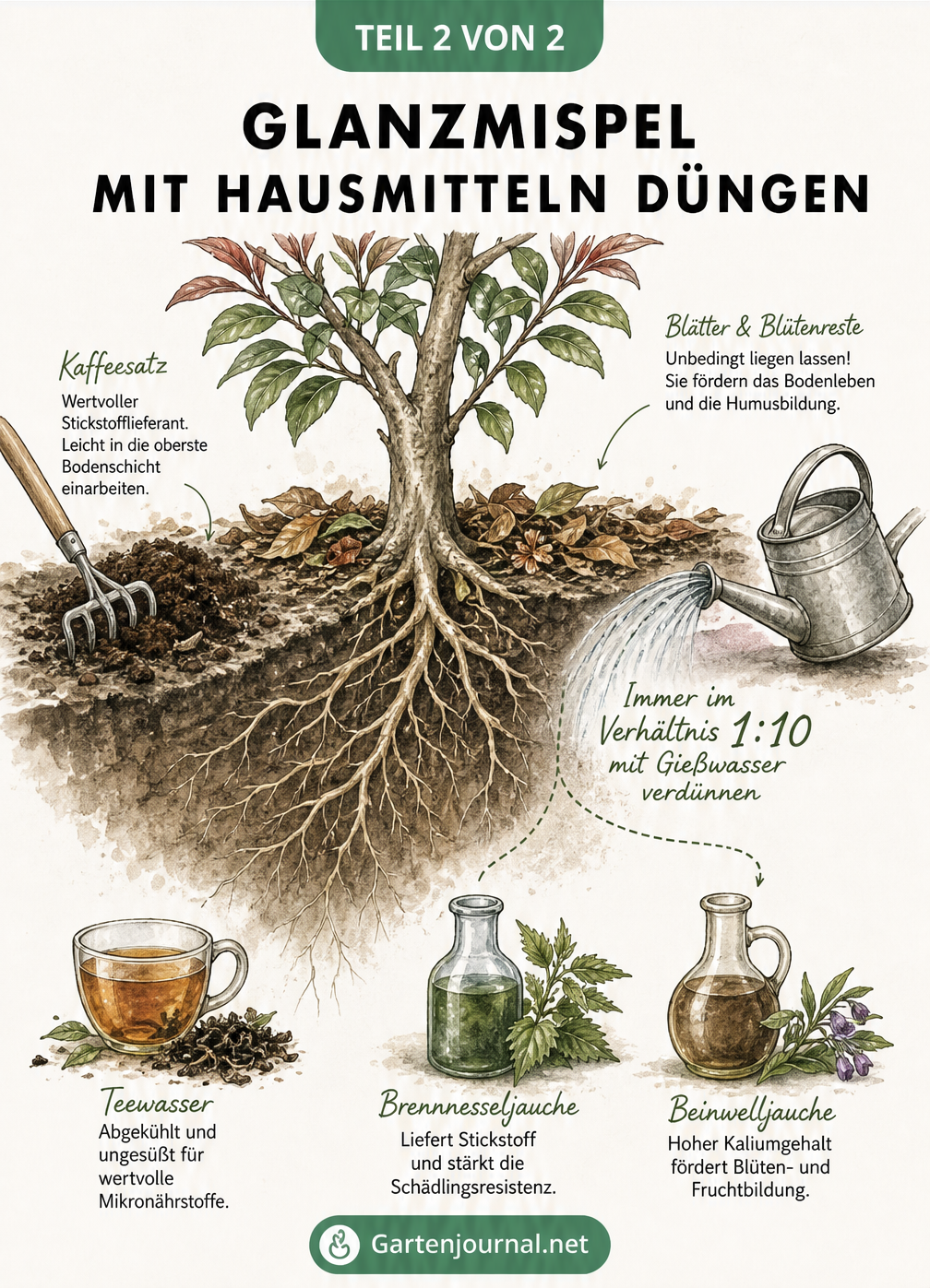 Schnittdarstellung einer Glanzmispel mit Wurzeln, die die Anwendung von Hausmitteln wie Kaffeesatz, Brennnesseljauche und Teewasser zeigt