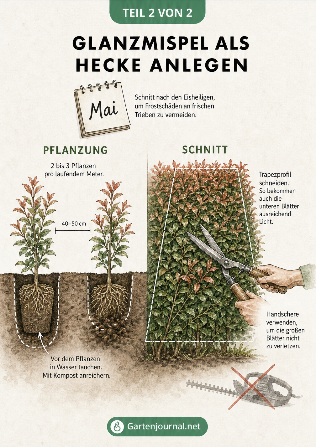 Skizze zur Pflanzung und zum Schnitt einer Glanzmispel-Hecke mit Hinweisen zu Pflanzabstand und Trapezschnitt.