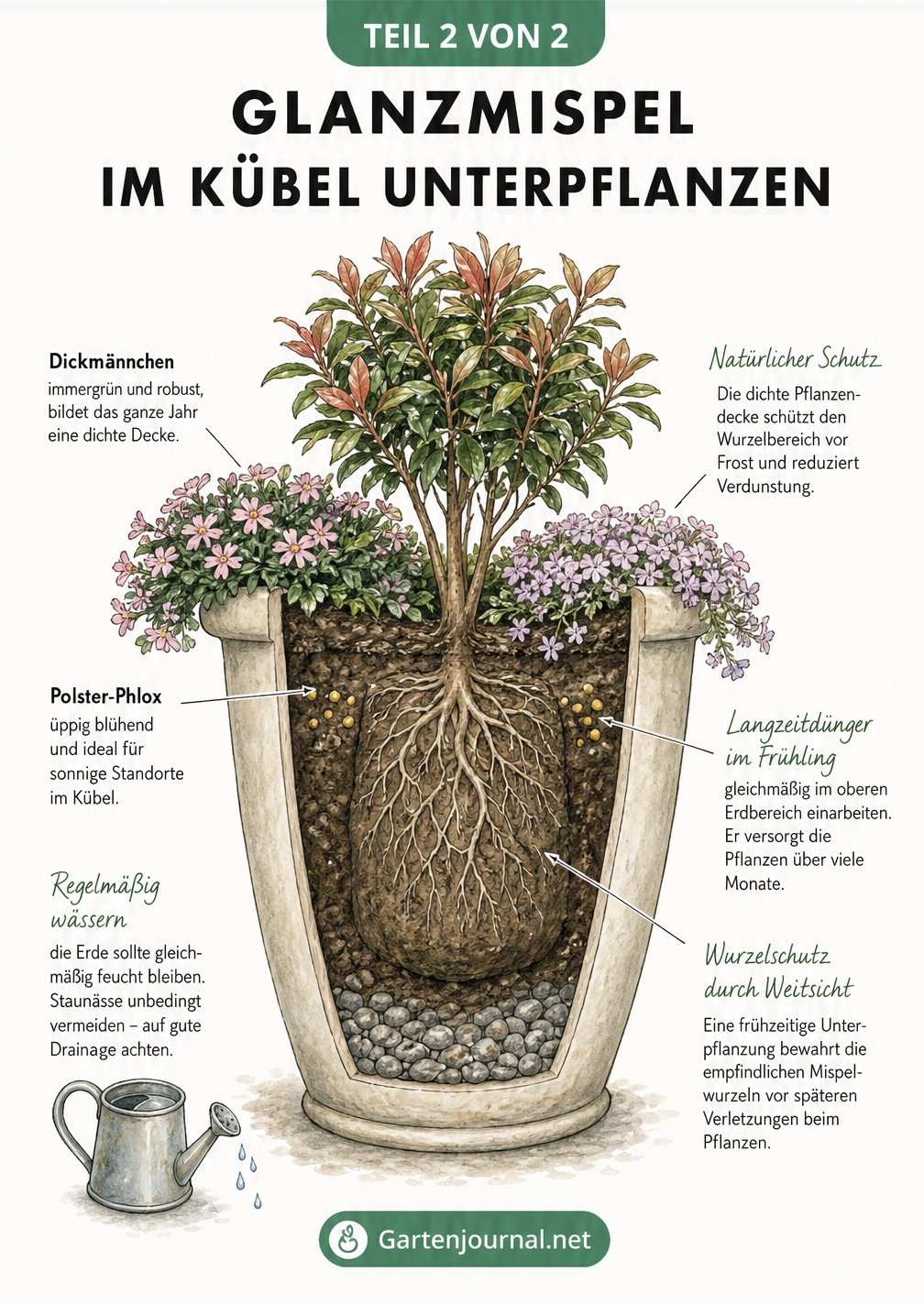 Querschnitt eines Pflanzkübels mit einer Glanzmispel, unterpflanzt mit Dickmännchen und Polster-Phlox