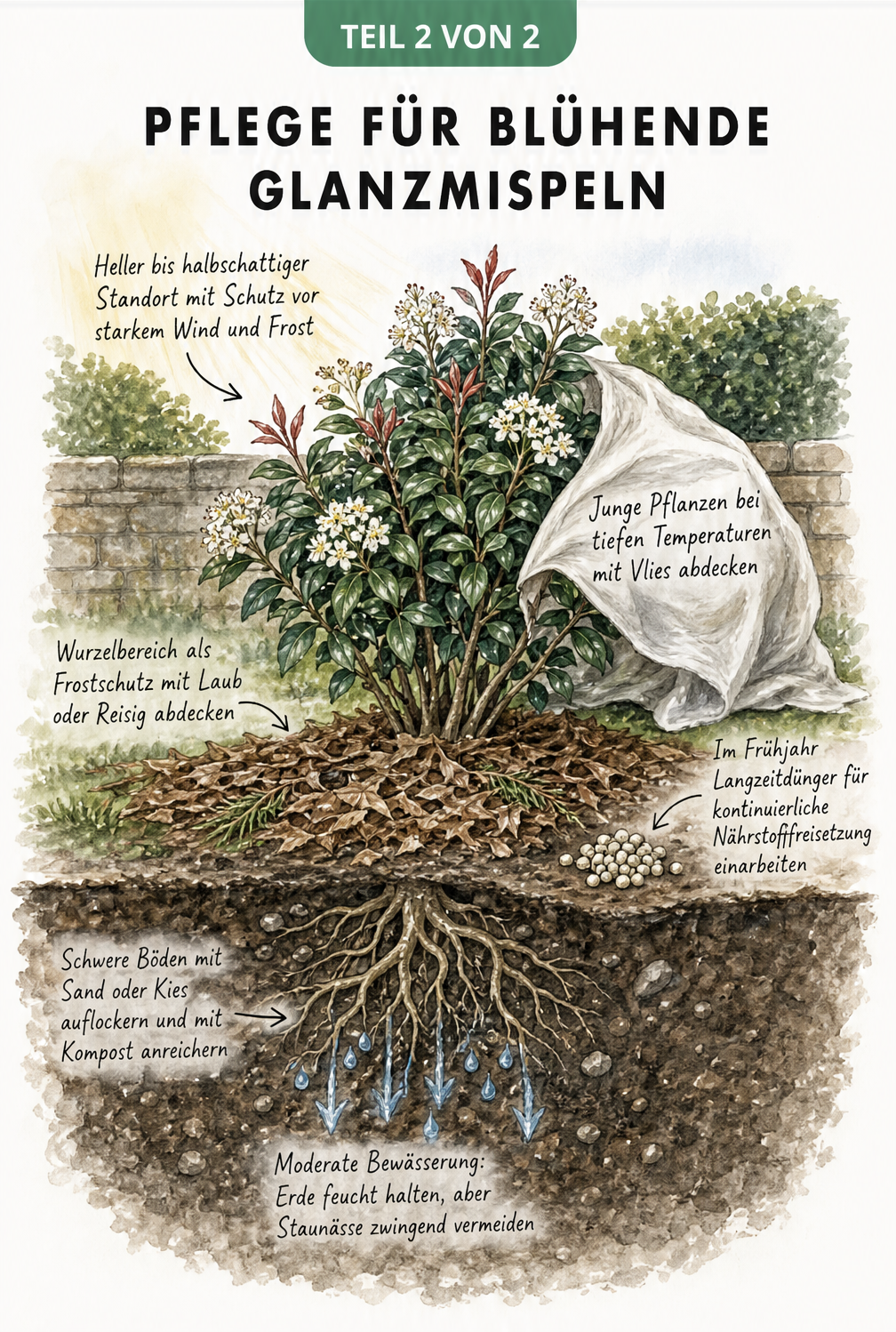 Querschnitt durch ein Gartenbeet mit einer Glanzmispel, der optimale Standortbedingungen, Frostschutz und Bodenpflege illustriert.