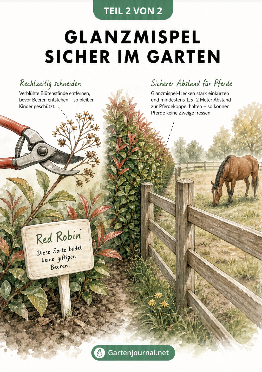 Aquarellierte Gartenszene, die den Rückschnitt der Glanzmispel und die räumliche Trennung von einer Pferdekoppel zeigt