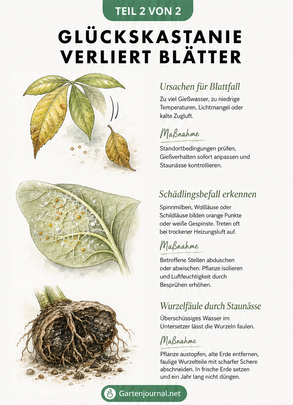 Illustration von Schadbildern an der Glückskastanie: gelbes Blatt, Spinnmilben auf der Blattunterseite und Wurzelfäule durch Staunässe.