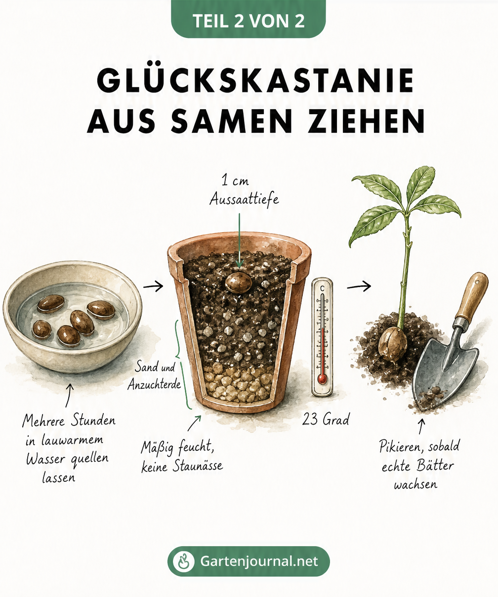 Illustration zur Aussaat von Glückskastanien-Samen, die das Quellen im Wasser, die Pflanztiefe im Topf und den fertigen Keimling zeigt.