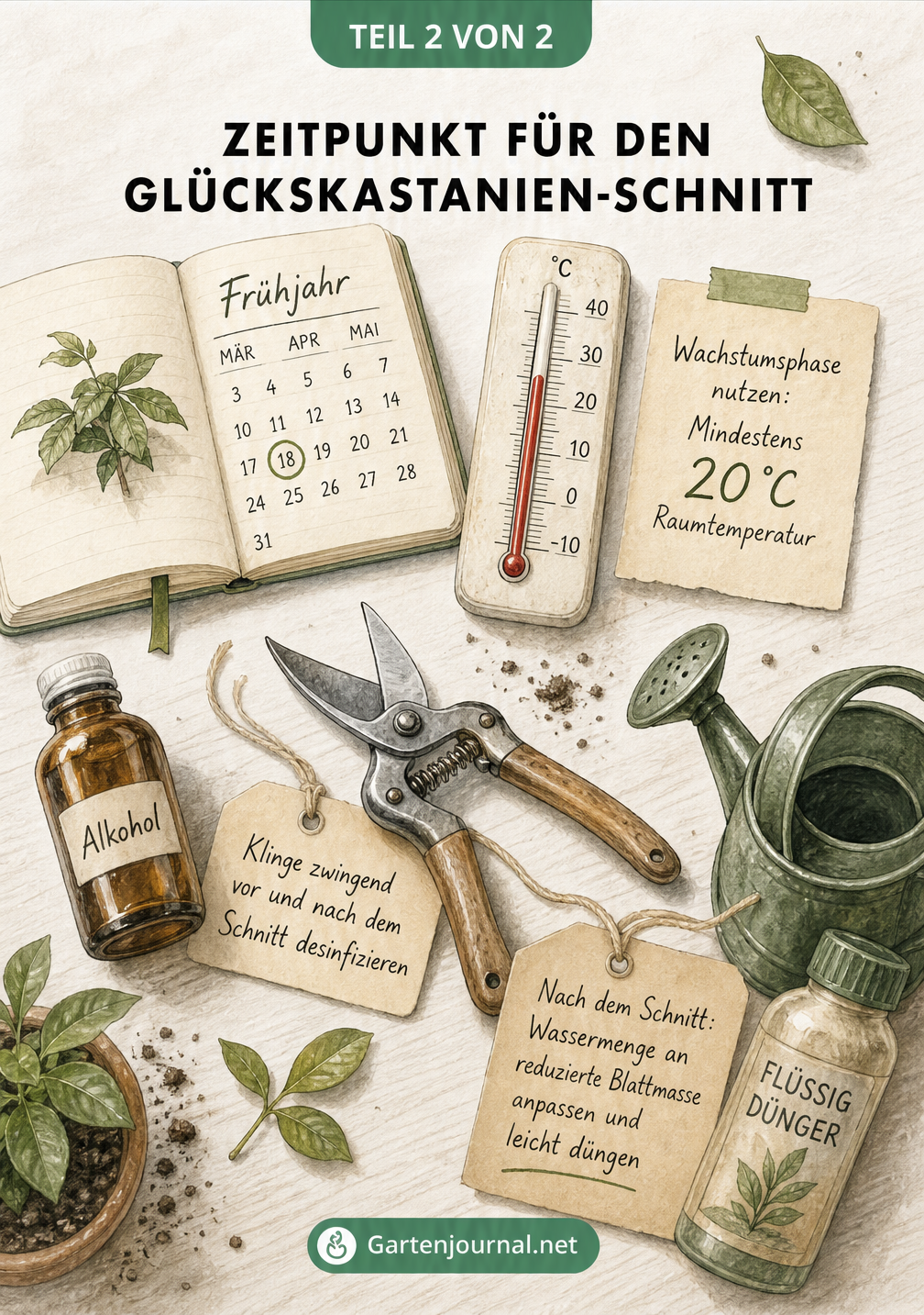 Gärtner-Werkbank mit Kalender, Thermometer, Gartenschere, Alkohol und Dünger als Vorbereitung für den Pflanzenschnitt