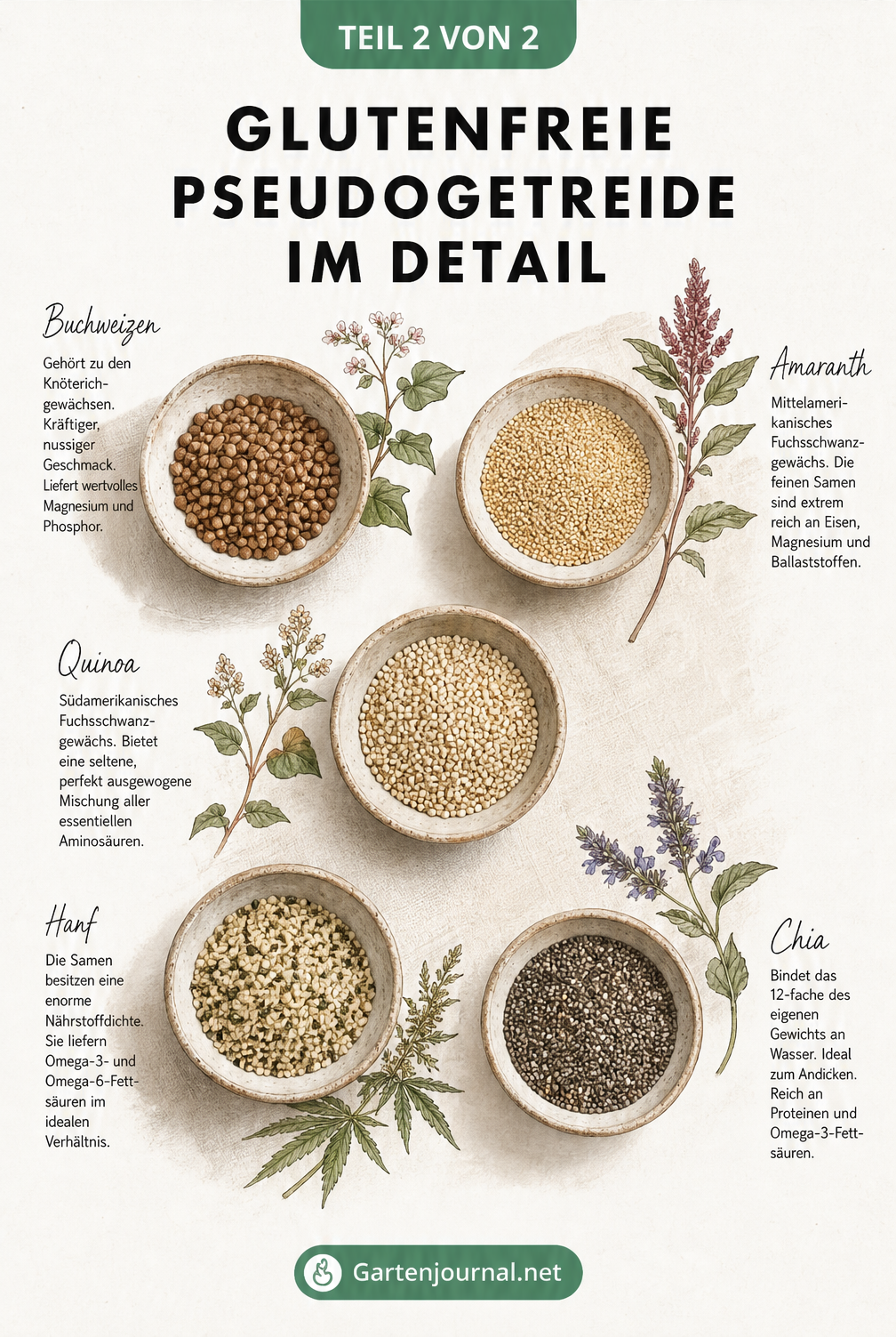 Fünf Keramikschälchen mit den glutenfreien Pseudogetreiden Buchweizen, Amaranth, Quinoa, Hanf und Chia sowie deren Ursprungspflanzen