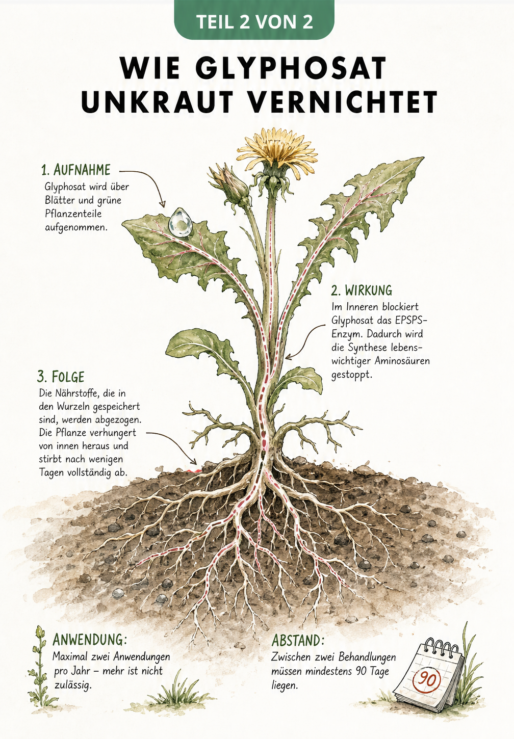 Botanische Detailstudie eines Löwenzahns, die den systemischen Weg von Glyphosat vom Blatt bis in die Wurzelspitzen darstellt.