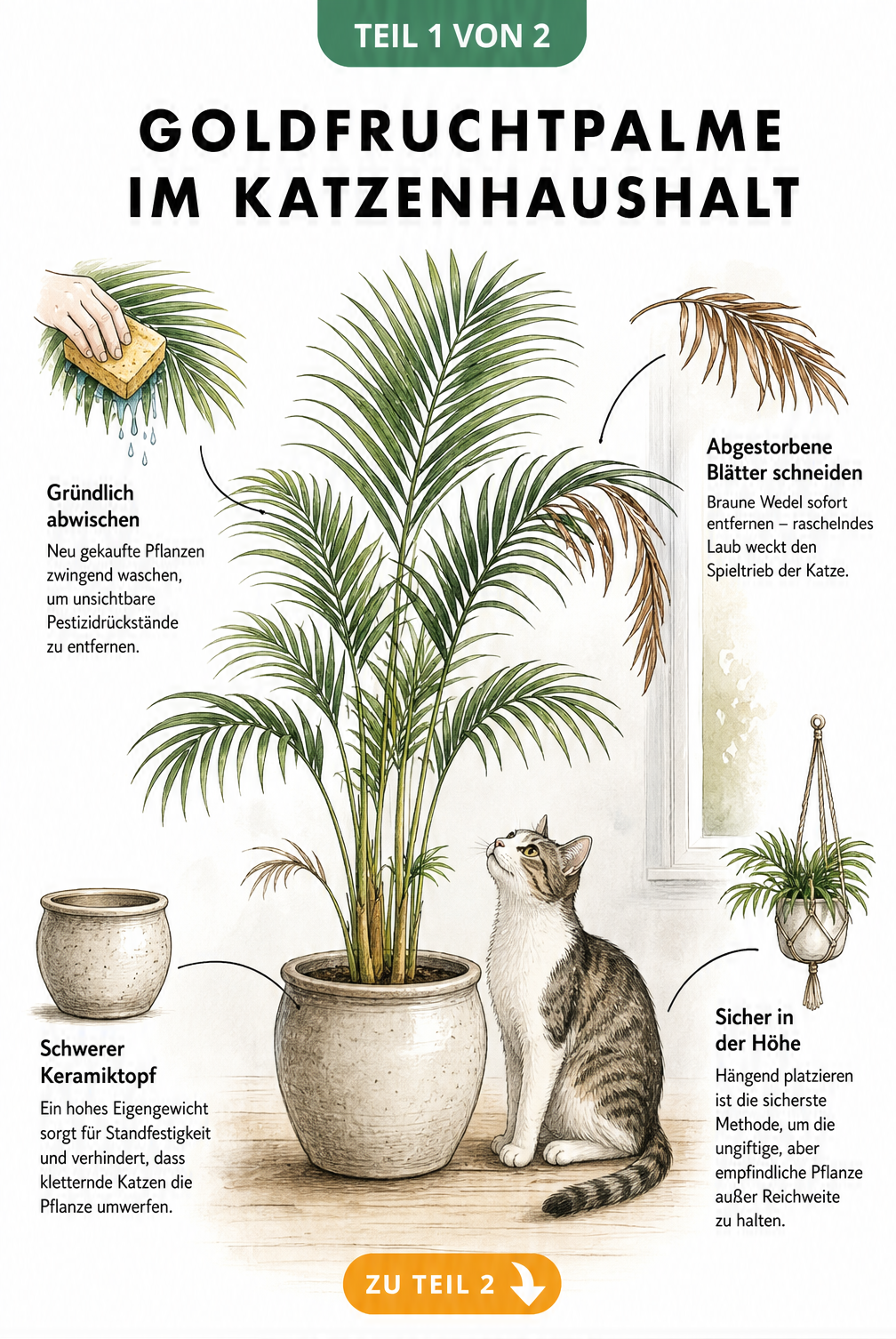 Illustration einer Goldfruchtpalme im Wohnraum mit einer Katze und Tipps zur sicheren Haltung