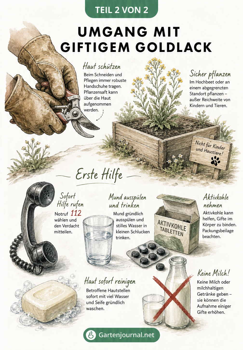 Illustration zu Prävention und Erster Hilfe bei Goldlack-Vergiftung mit Gartenhandschuhen, Hochbeet, Notruf 112, Wasser und Kohletabletten.