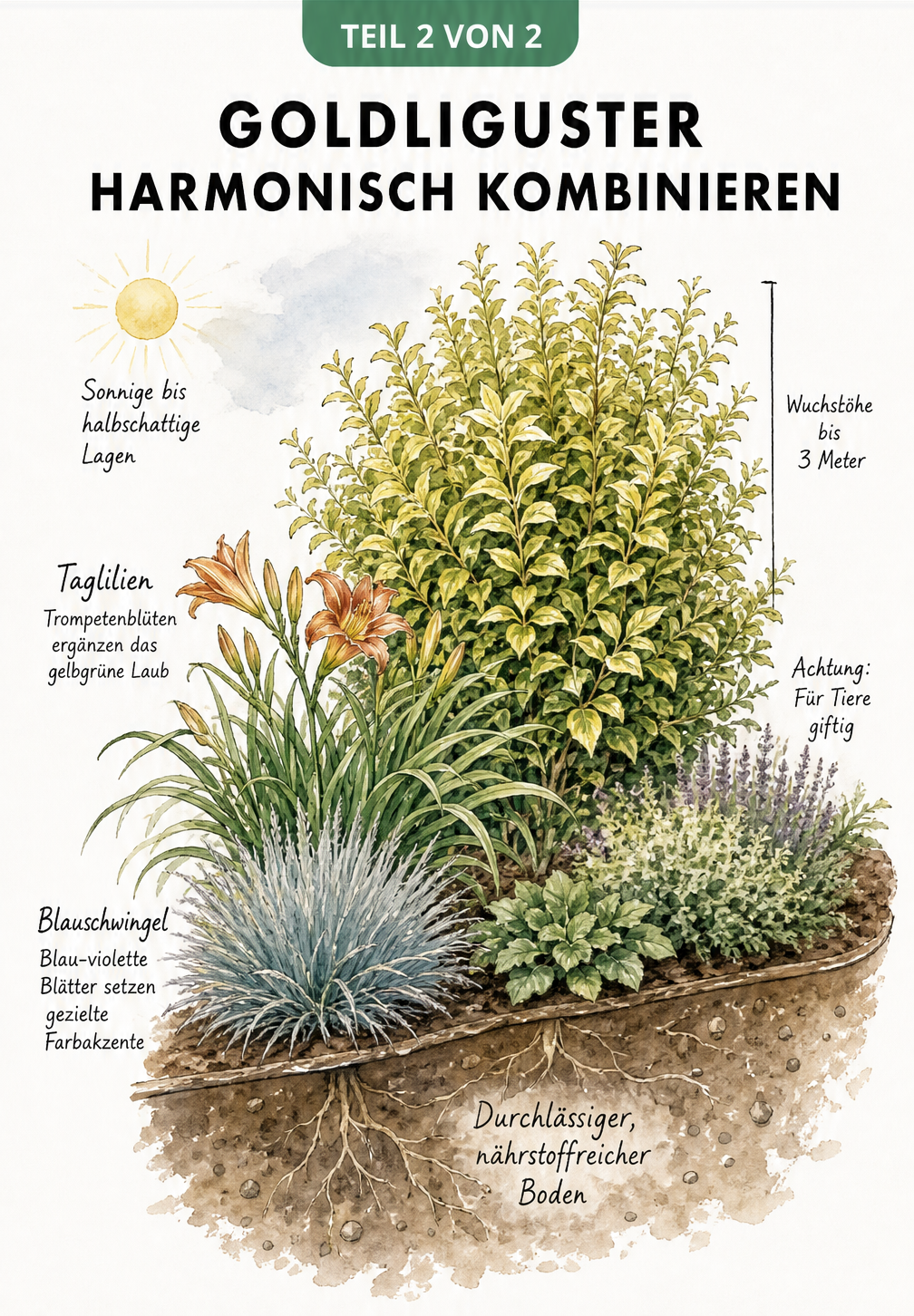 Schnittzeichnung eines Gartenbeets mit Goldliguster, Taglilien und Blauschwingel, die Wuchshöhen und Standortbedingungen zeigt