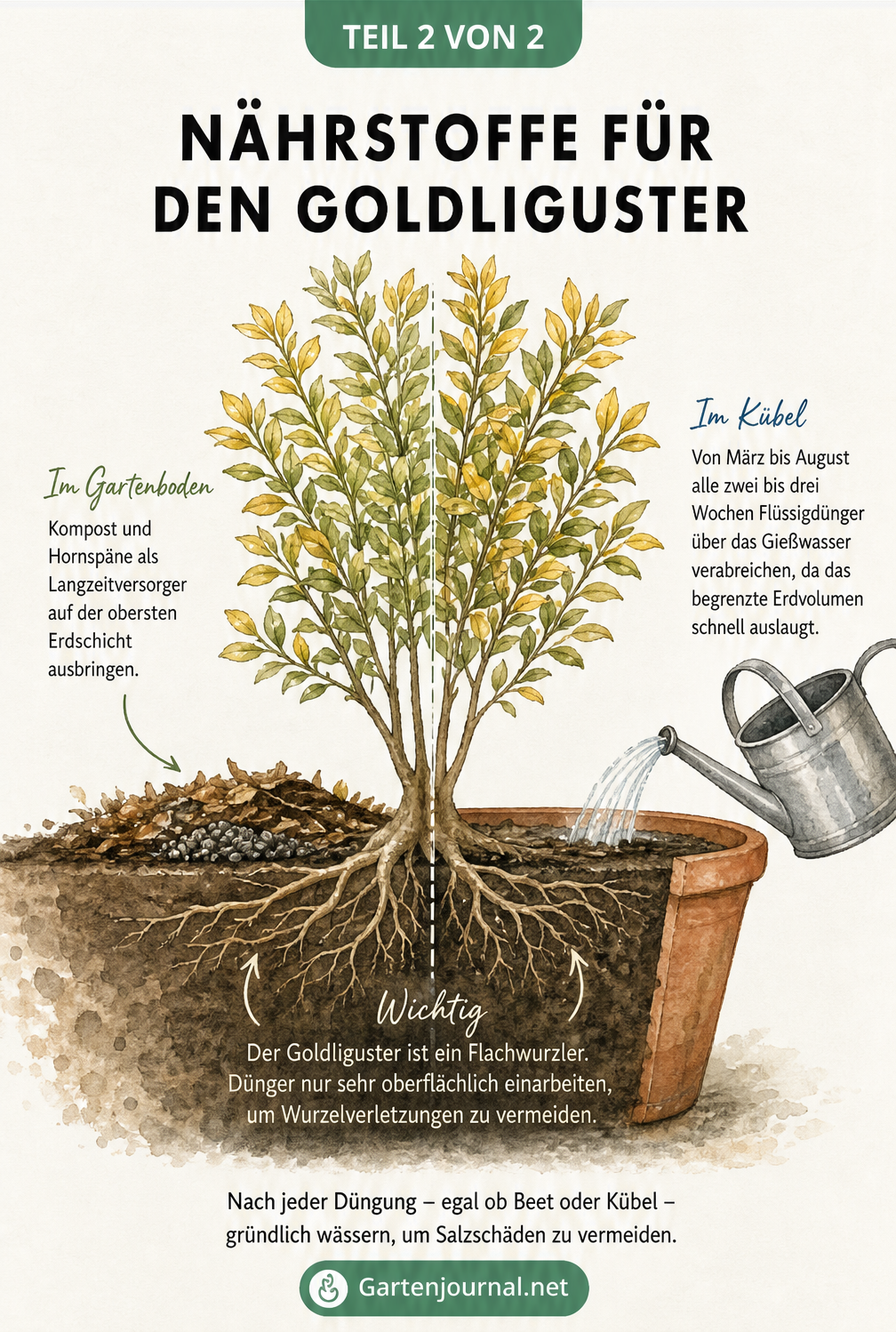 Schnittbild eines Goldligusters im Gartenboden und im Kübel mit Darstellung der Wurzeln und Düngemethoden