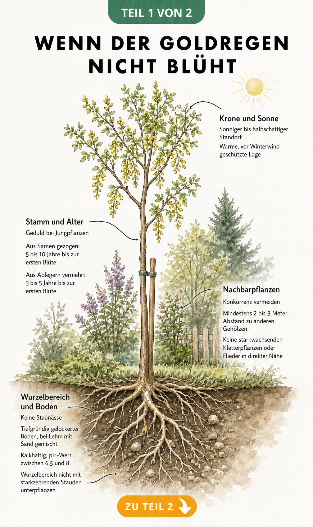 Botanische Illustration eines Goldregens mit Hinweisen zu Standort, Alter, Nachbarpflanzen und Bodenbeschaffenheit