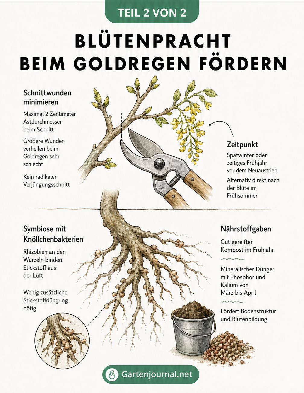 Illustration zum richtigen Schnitt und zur Nährstoffversorgung des Goldregens