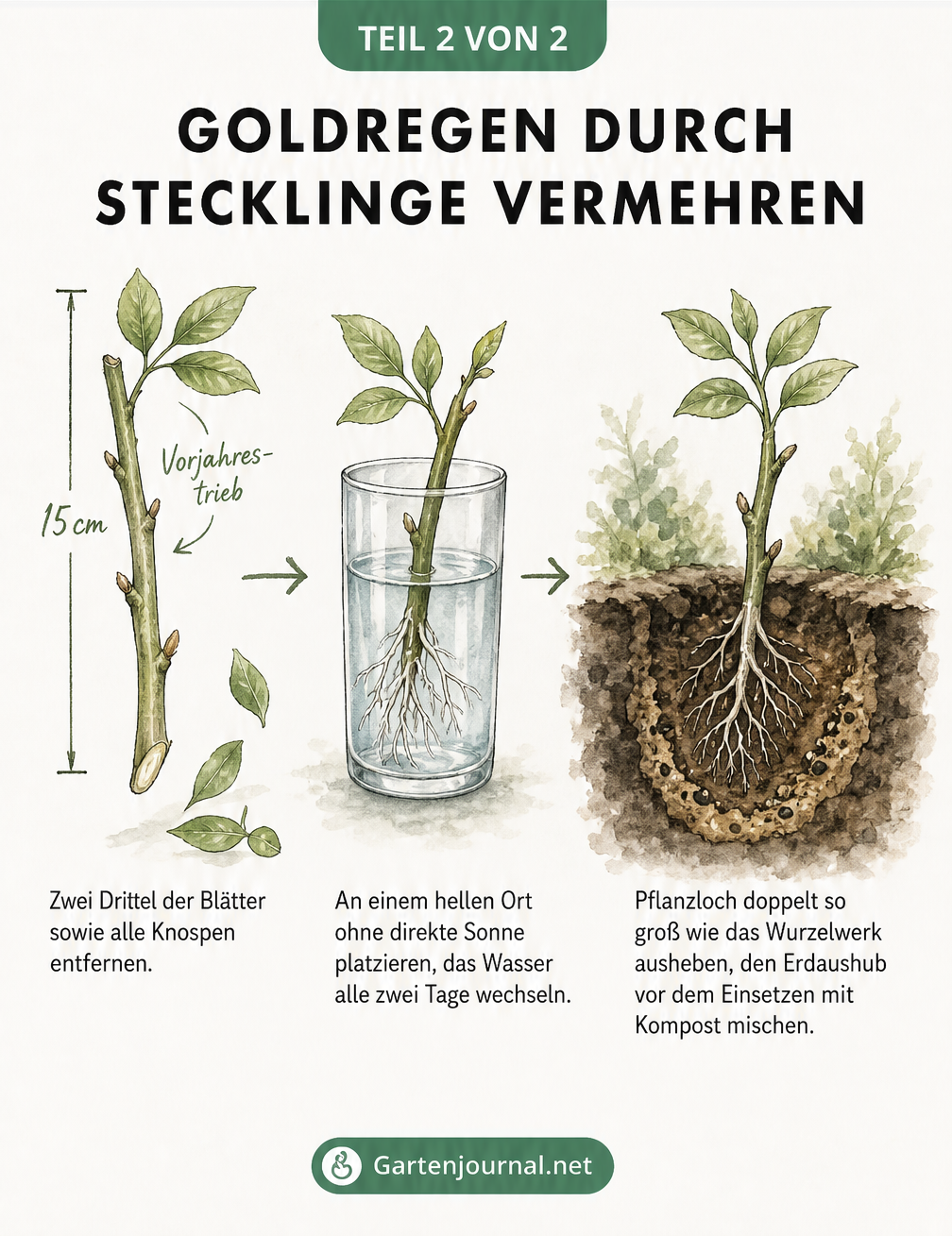 Detaillierte Zeichnung zur Vermehrung von Goldregen durch Stecklinge, vom Schneiden des Triebs über die Bewurzelung im Wasserglas bis zum Einpflanzen.