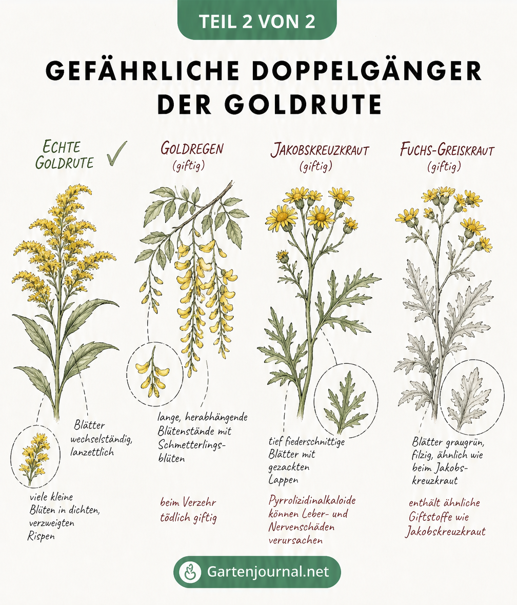 Vergleich der Goldrute mit giftigen Doppelgängern wie Goldregen, Jakobskreuzkraut und Fuchs-Greiskraut