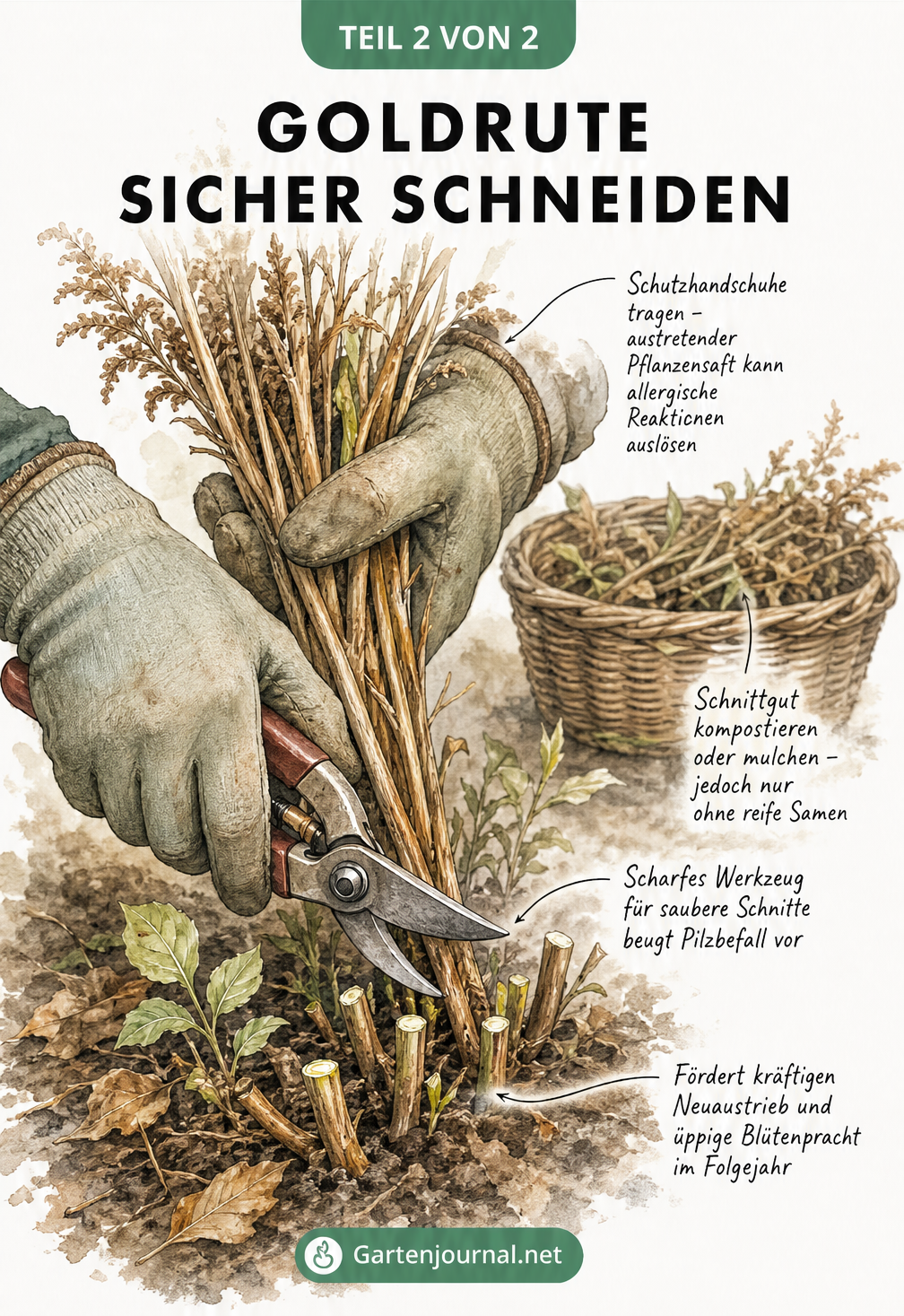Detailzeichnung von Händen mit Gartenhandschuhen, die eine Goldrute mit einer scharfen Gartenschere schneiden.