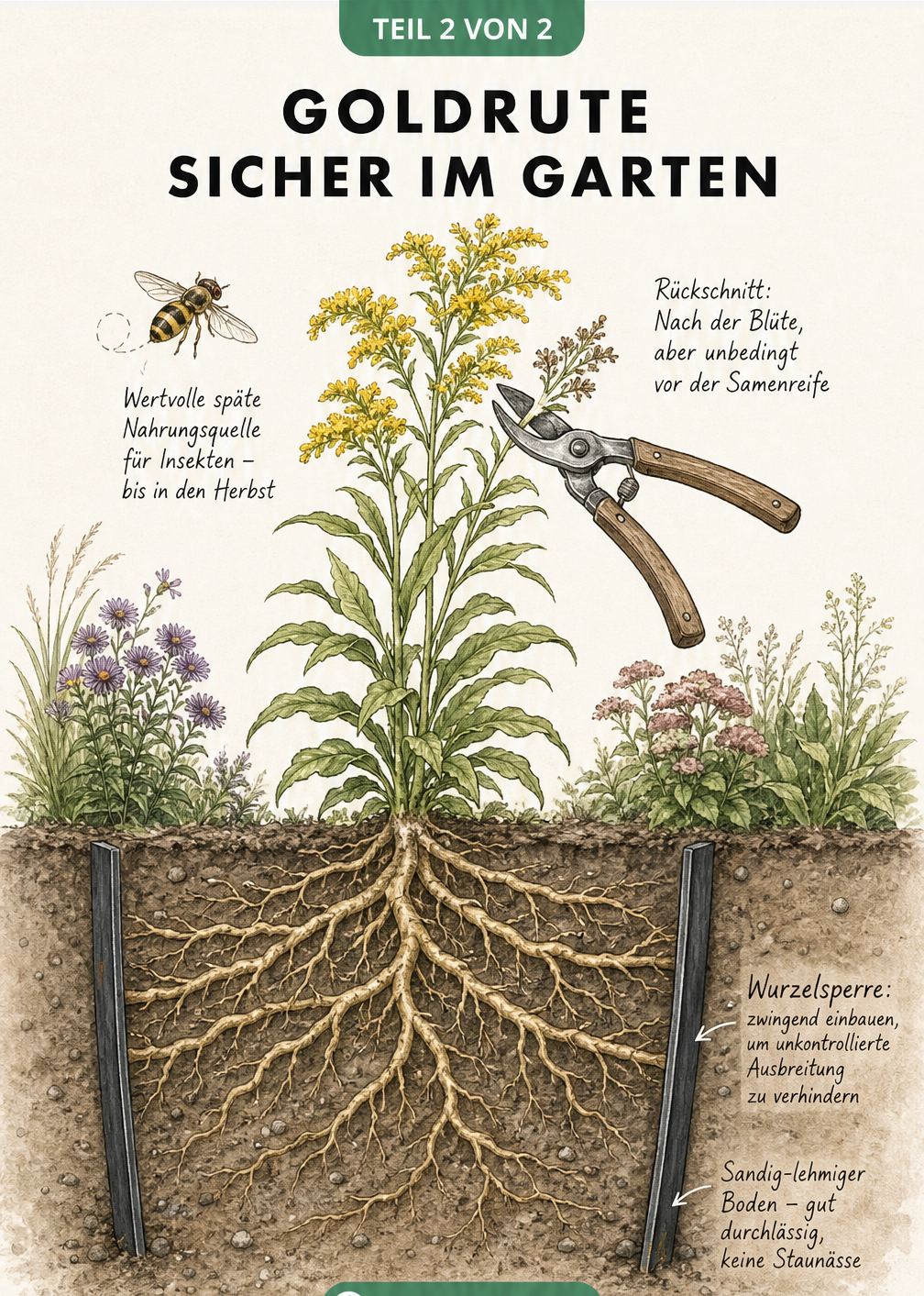 Gartenbau-Skizze einer Goldrute mit Wurzelsperre im Boden und einer Gartenschere, die den Rückschnitt nach der Blüte zeigt.
