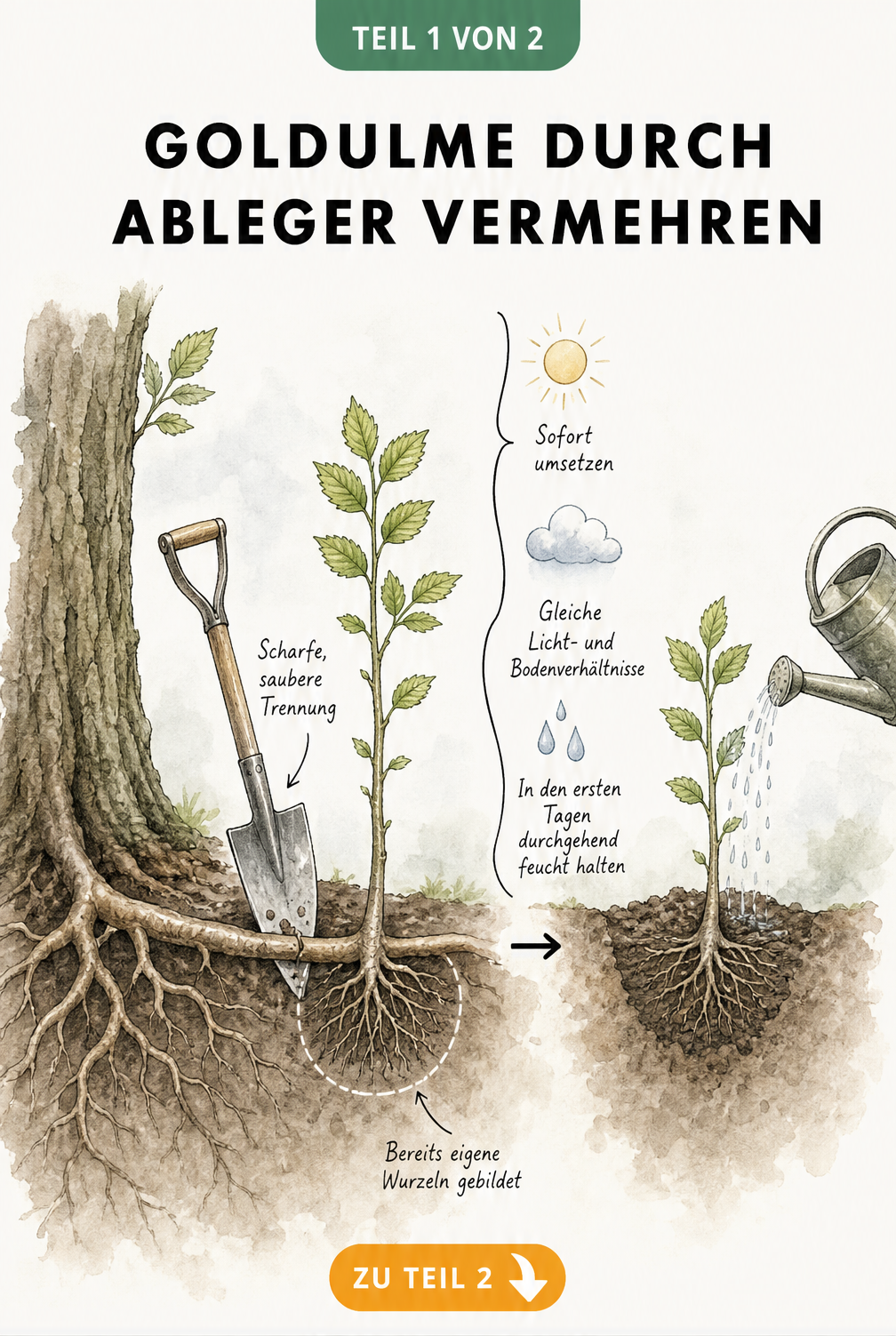 Querschnitt des Bodens zeigt die Trennung eines Goldulmen-Ablegers von der Mutterpflanze mit einem Spaten