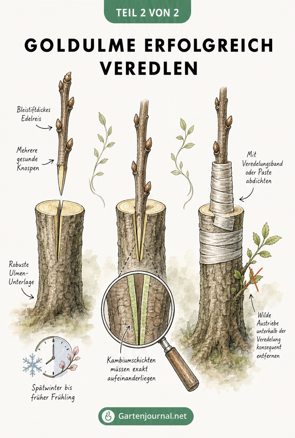 Dreiteilige Illustration zeigt das Spaltpfropfen einer Goldulme: Vorbereitung des Edelreises, Einsetzen in die Unterlage und Umwickeln mit Veredelungsband