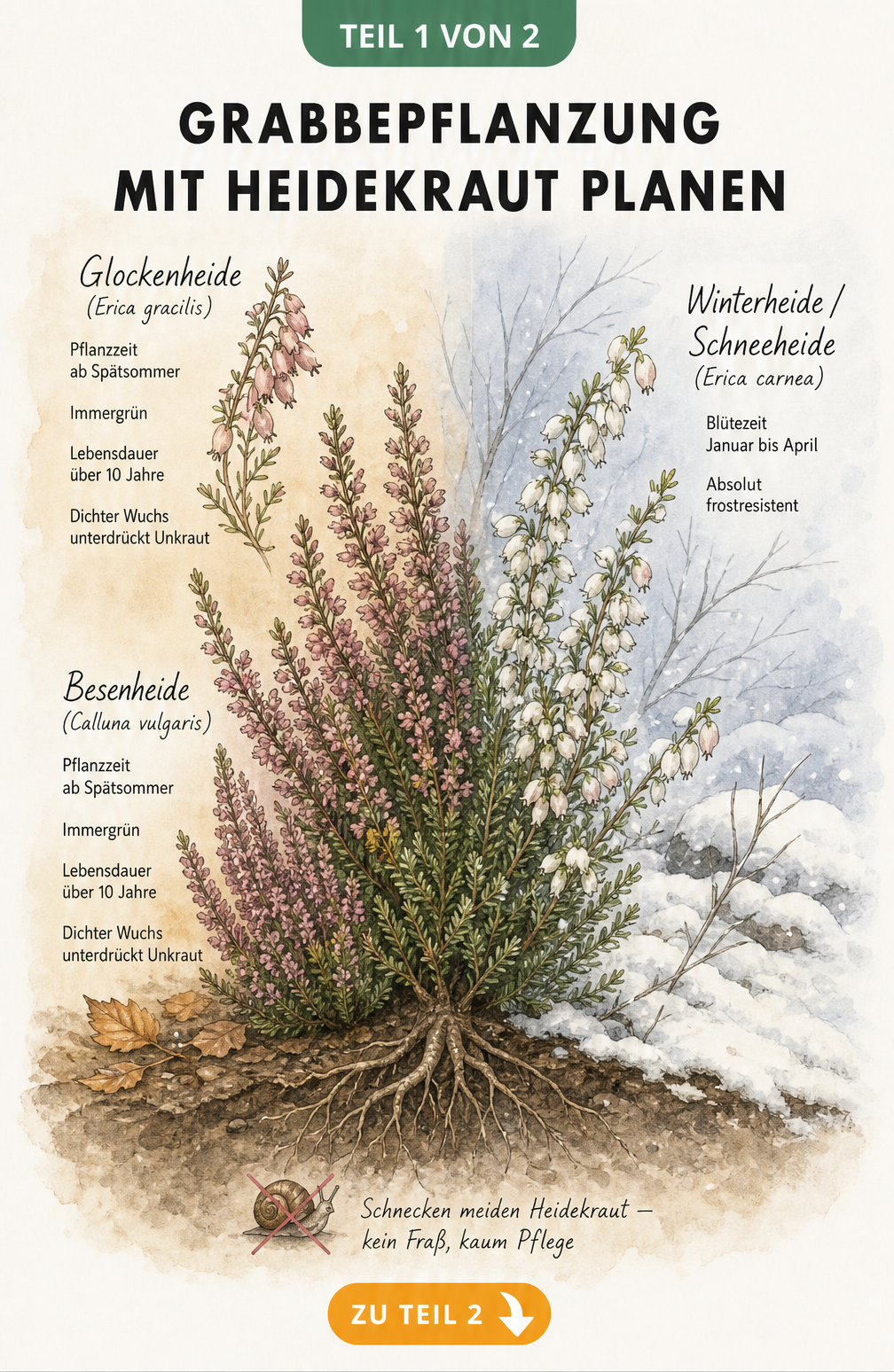 Botanische Illustration von Heidekraut mit Glockenheide, Besenheide und Winterheide sowie Fakten zu Pflanzzeit und Pflege