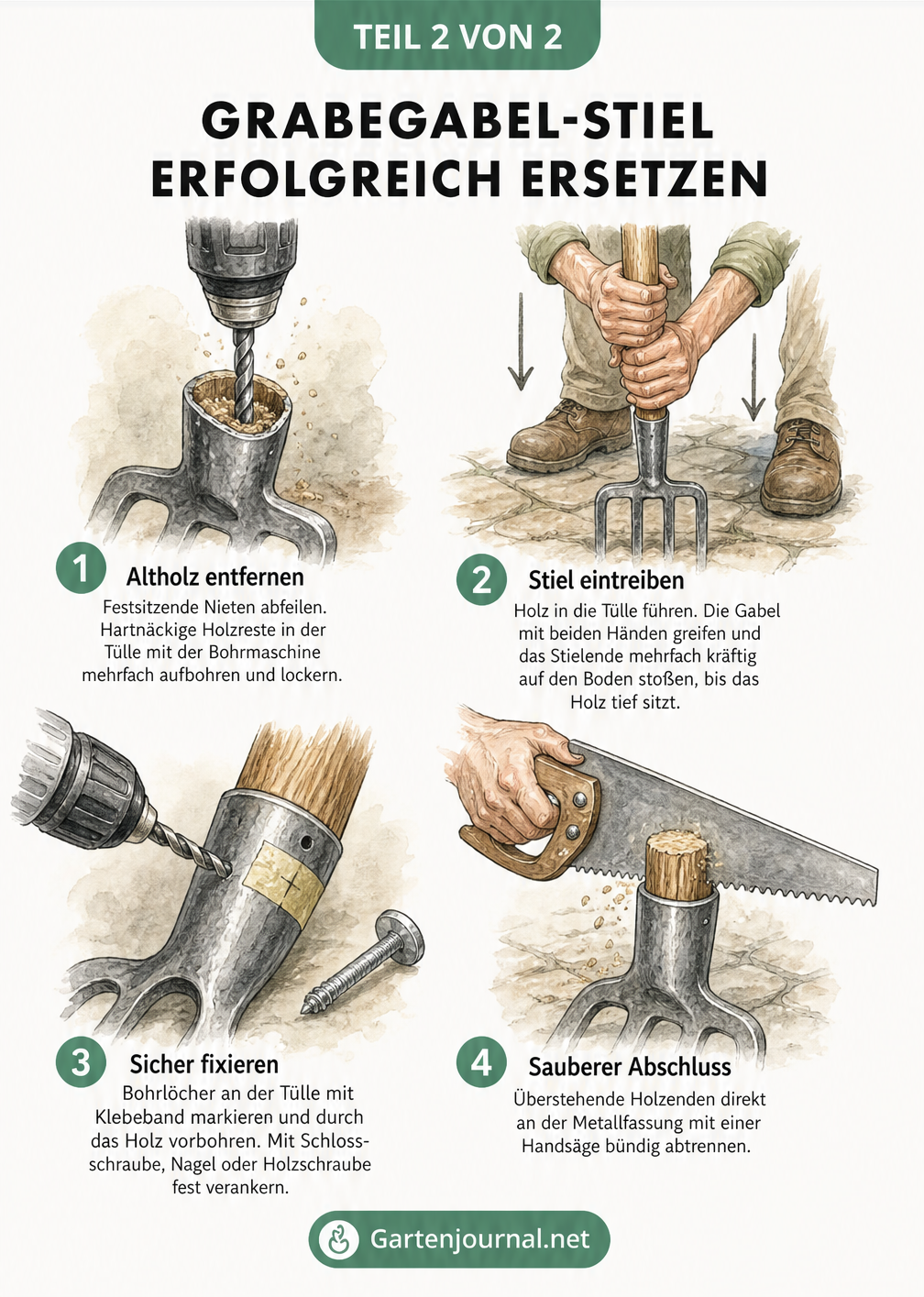 Vier Schritte zum Ersetzen eines Grabegabel-Stiels: Altholz entfernen, Stiel eintreiben, fixieren und absägen