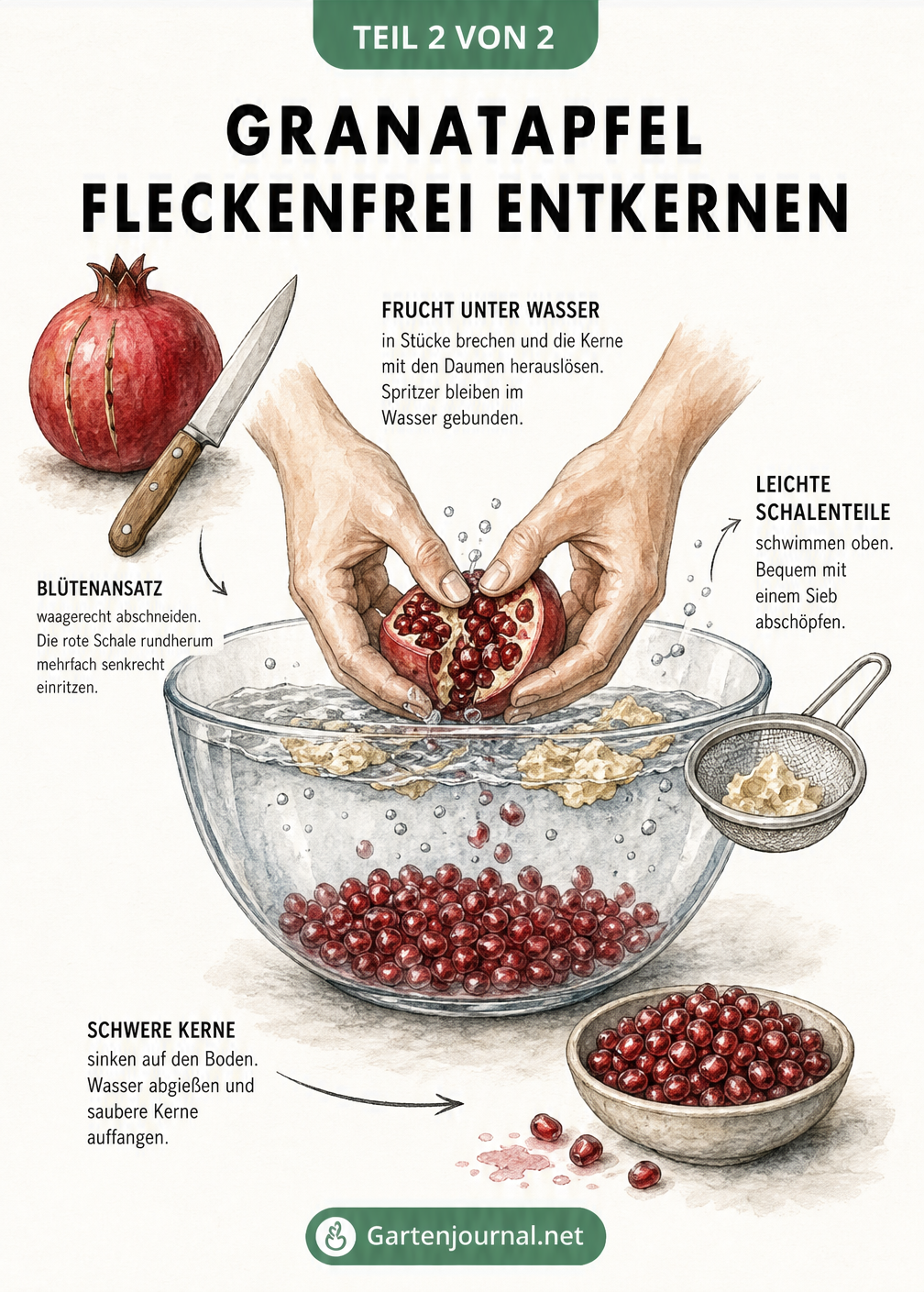 Illustration zum fleckenfreien Entkernen eines Granatapfels in einer Wasserschüssel