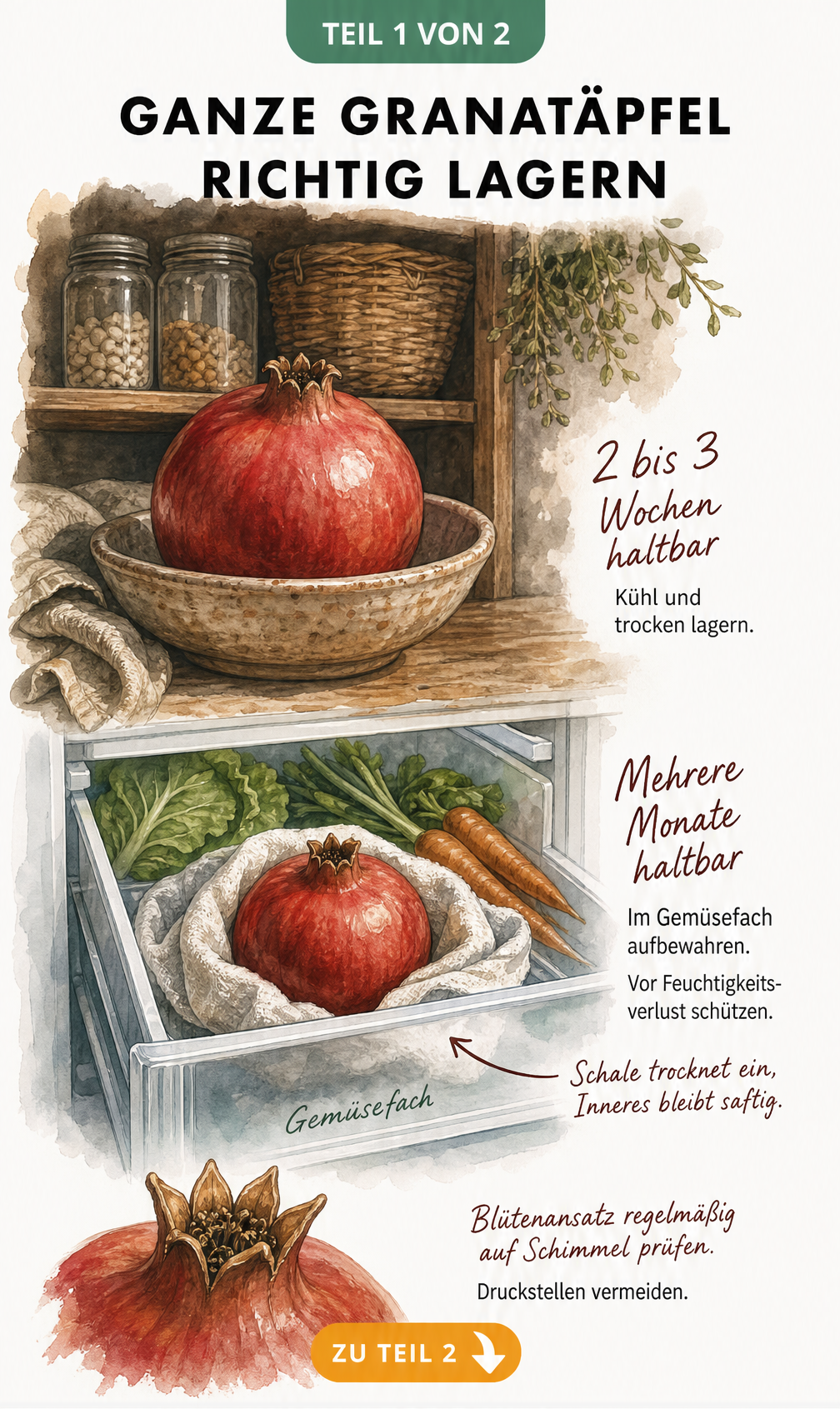Illustration zur Lagerung ganzer Granatäpfel in Speisekammer und Kühlschrank