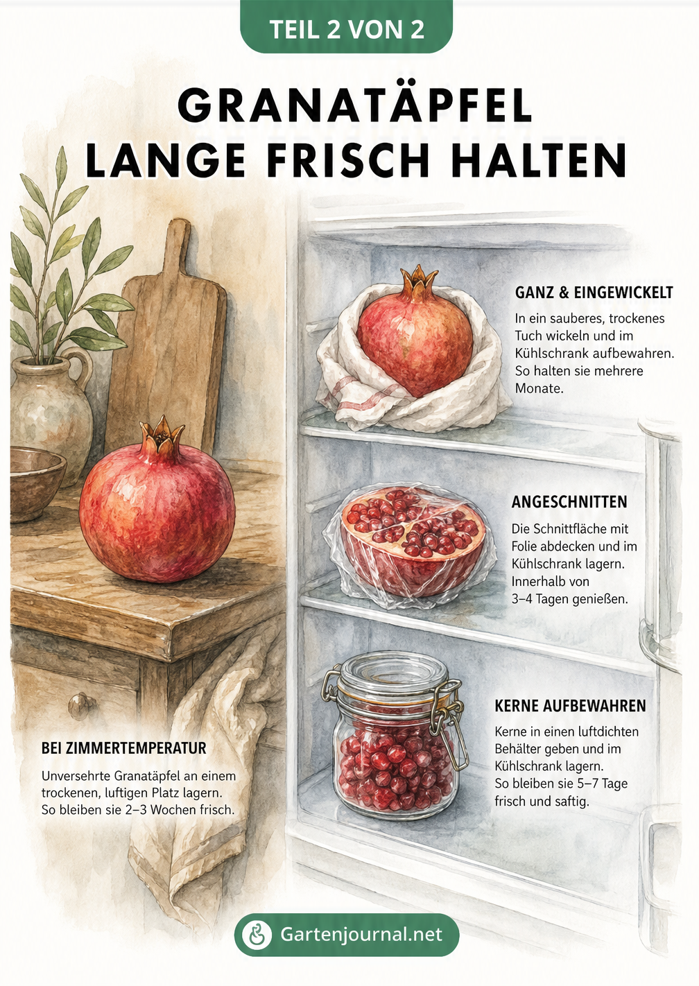 Illustration zur Lagerung von Granatäpfeln bei Zimmertemperatur und im Kühlschrank