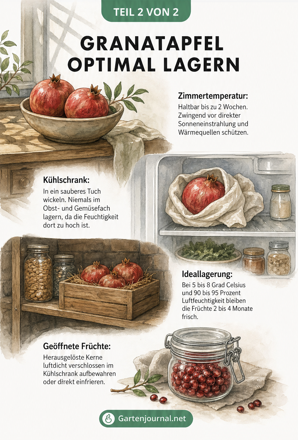 Illustration von vier Lagerungsorten für Granatäpfel: Zimmertemperatur, Kühlschrank, Vorratskammer und Glasdose für Kerne.