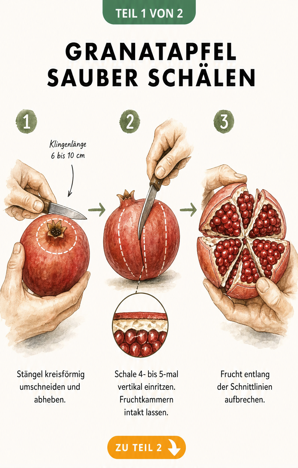 Illustration: Granatapfel mit einem kleinen Messer kreisförmig am Stängel einschneiden und die Schale vertikal einritzen, um ihn sauber zu öffnen.