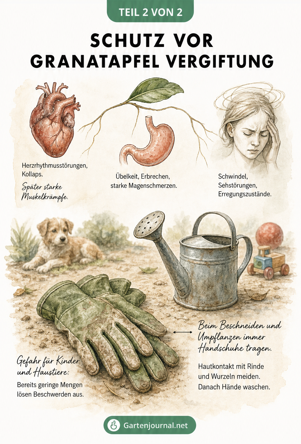 Illustration von Vergiftungssymptomen wie Übelkeit und Schwindel sowie Schutzmaßnahmen wie Gartenhandschuhen beim Umgang mit dem Granatapfelbaum.