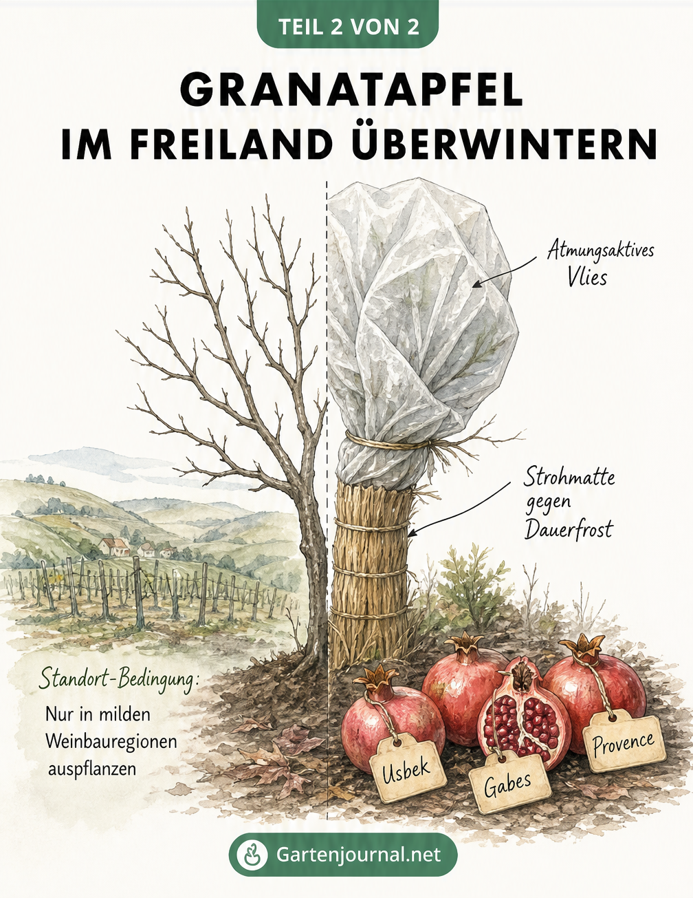 Skizze eines Granatapfelbaums im Freiland mit Winterschutz aus atmungsaktivem Vlies und Strohmatte.