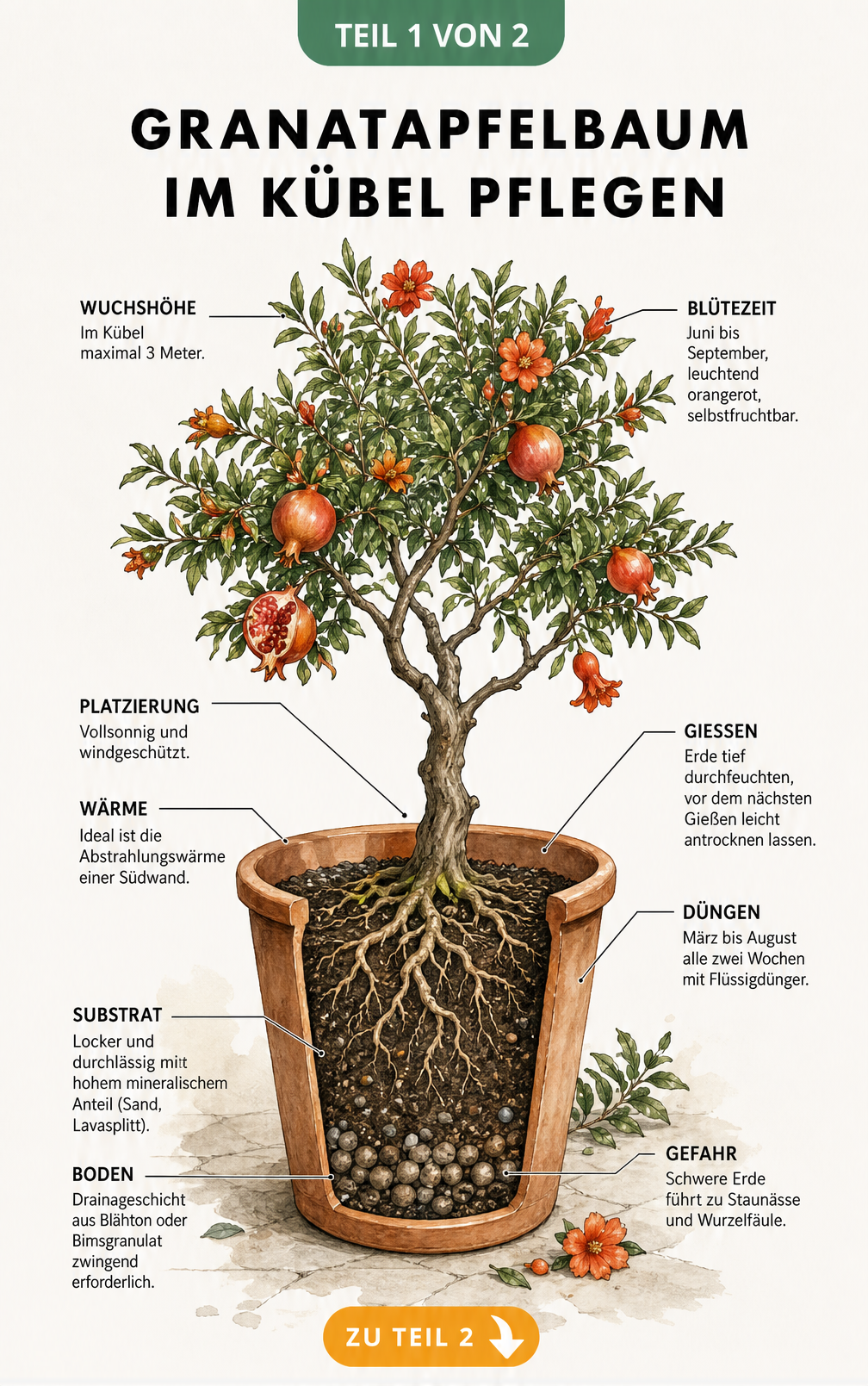 Botanische Illustration eines Granatapfelbaums im Terrakotta-Topf mit Schnittbild des Wurzelbereichs und Pflegetipps